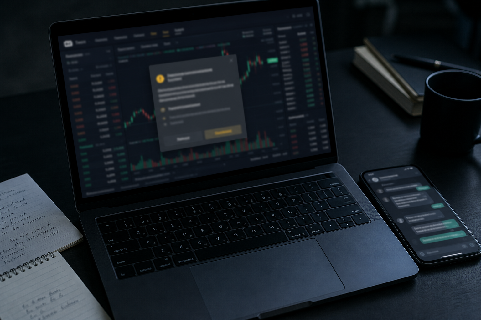 Ноутбук со списком проверки и смартфон с адресной строкой на тёмном столе — due diligence криптобиржи до депозита
