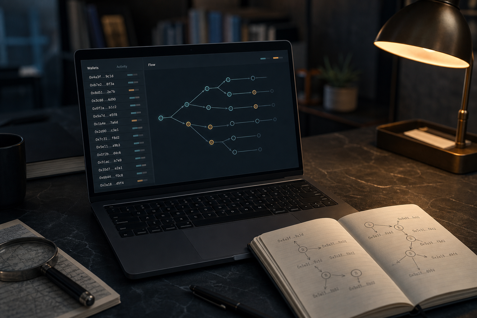 Laptop showing an address map beside a notebook of transaction hashes on a dark desk