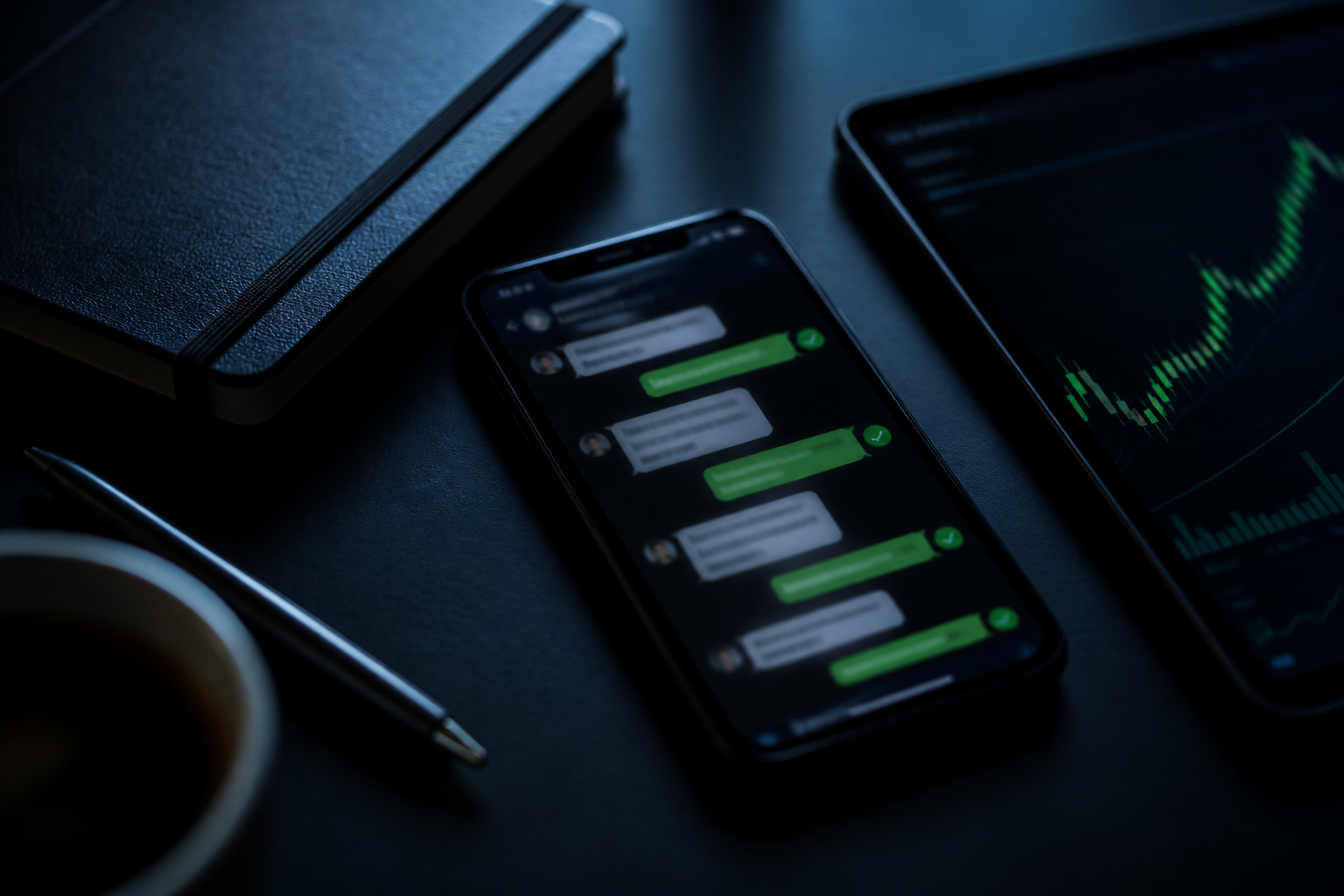 A phone showing a chat beside a trading chart on a dark desk, representing a long-term pig-butchering scam